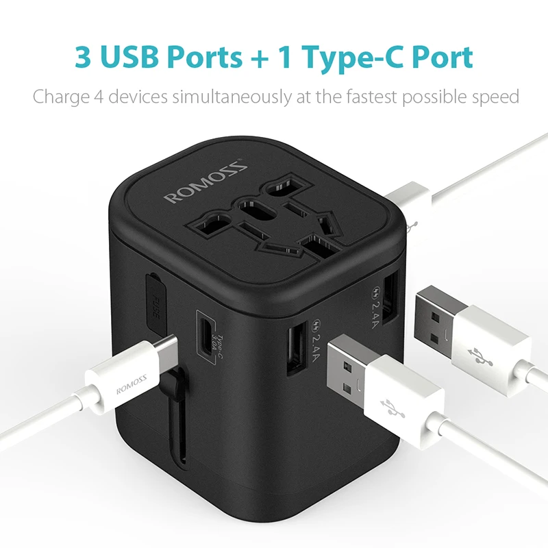 Romoss дорожный адаптер Международный универсальный питания все в одном с 3 USB