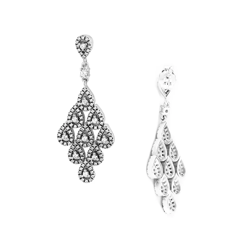 Серьги подвески из серебра 100% пробы с каскадным гламуром и прозрачным