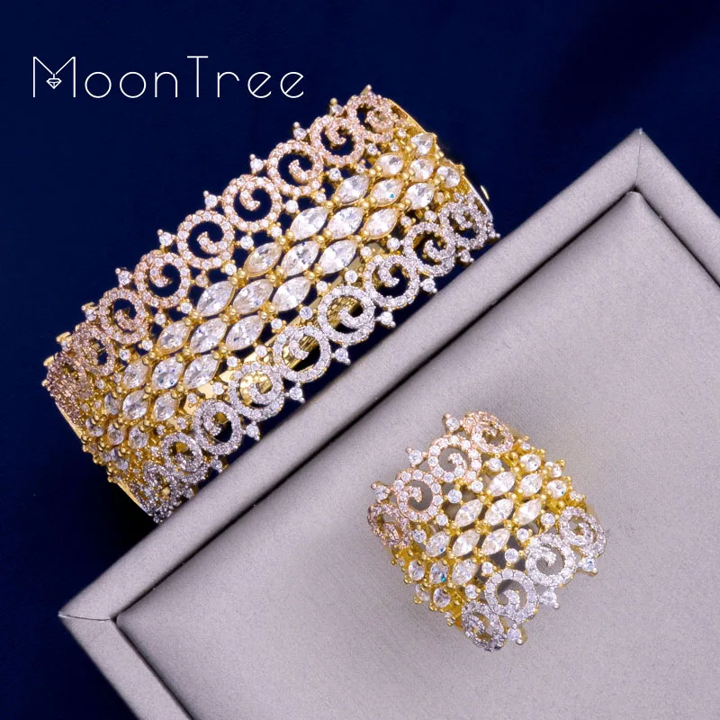 MoonTree роскошный большой Нежный 3 тон смешанный кубический цирконий медь геометрические вечерние свадебные Саудовская Арабский Браслет в дубайском стиле набор колец