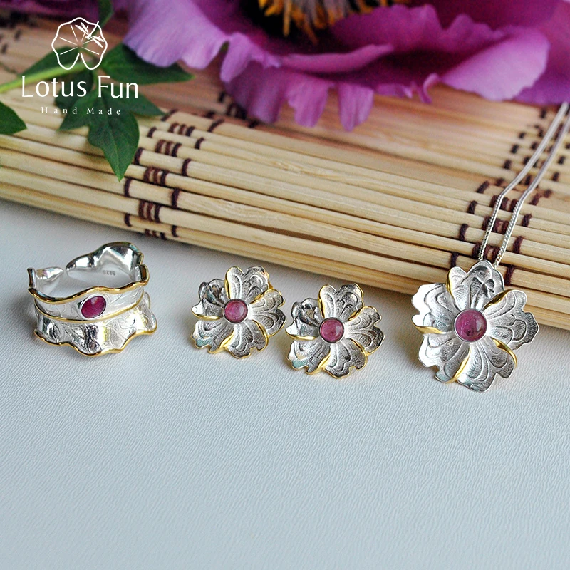 Lotus Fun Real 925 Sterling Silver Natural Stone Original Handmade Fine Jewelry Peony Flower Jewelry Set for Women Brincos