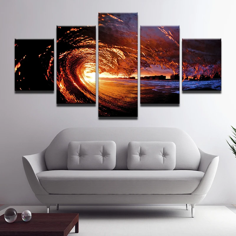 Modern Canvas Wall Art Pictures Frame Home Decor HD Printed 5 Pieces Sunset Sea Waves Poster Beach Sun Seascape Painting | Дом и сад