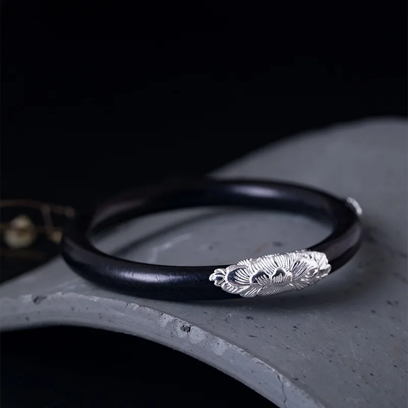 Amxiu Vintage 925 Sterling Silver Bangle Natural Black Ebony Bangles Handmade Bracelets For Women Men Gift Accessories | Украшения и