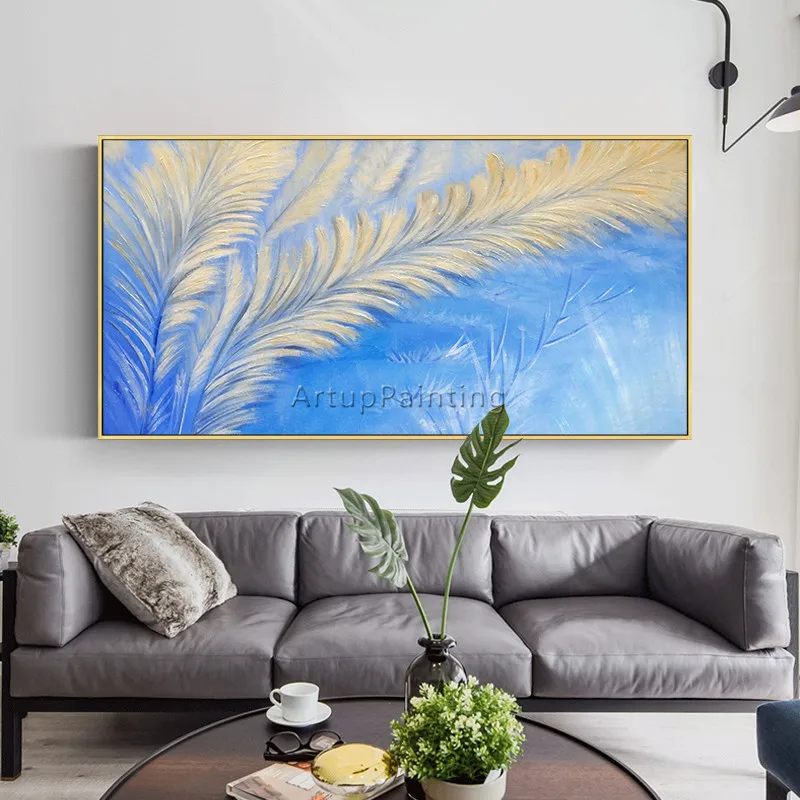Modern abstract feather painting acrylic blue Canvas Abstract art Wall Pictures for living room home decor cuadros | Дом и сад