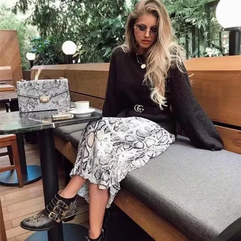 Со змеиным принтом плиссированные юбки Для женщин Винтаж осень High Street змея