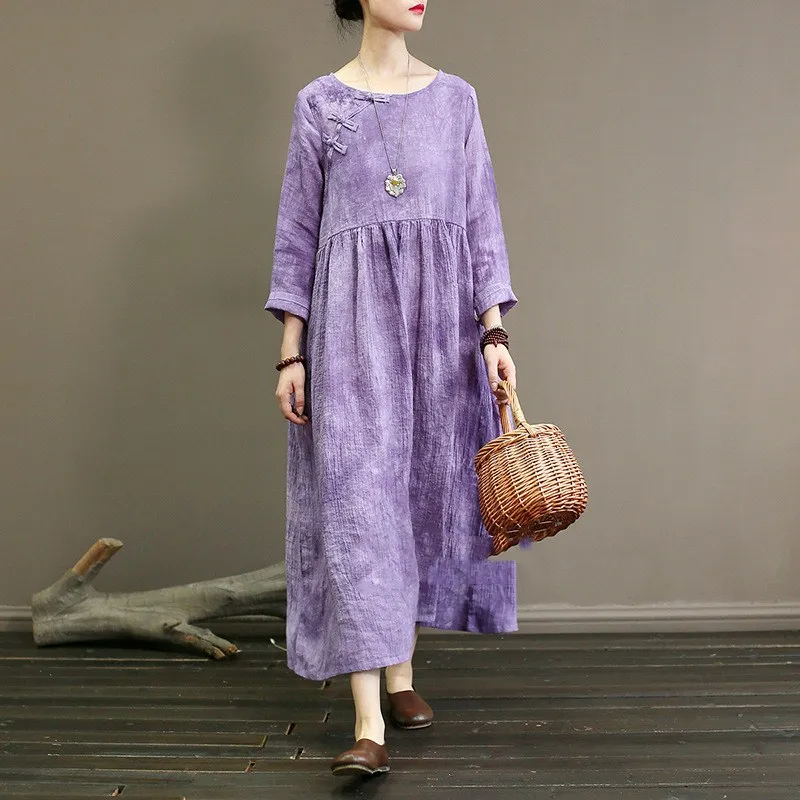 QPFJQD Women'S Retro National Wind Sand Wash Linen Dresses Autumn Spring Full Sleeve 3 Buttons O Neck Long Purple Maxi Dress | Женская