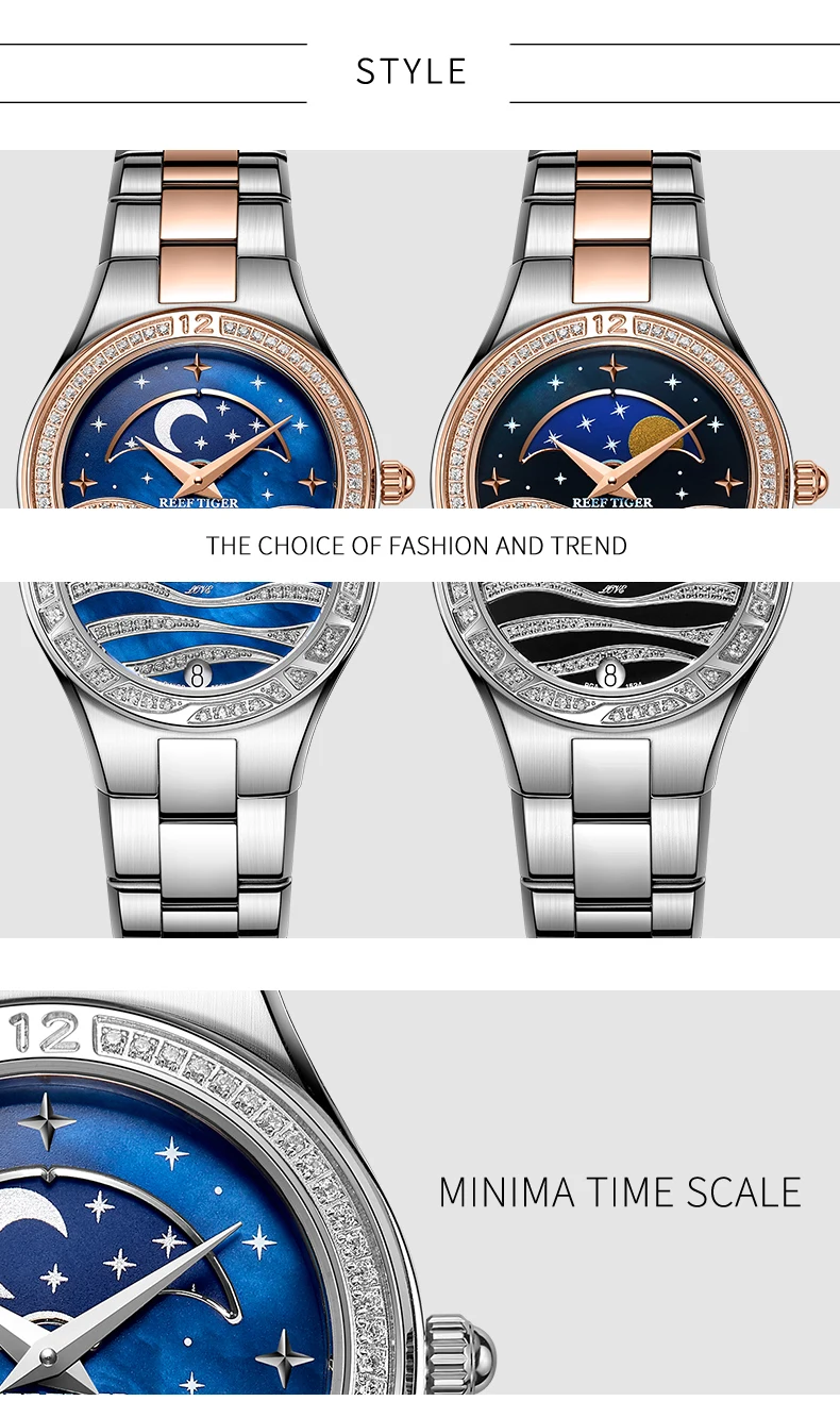 Reef Tiger/RT модные женские часы бриллианты полностью из нержавеющей стали Moon Phase часы водонепроницаемые RGA1524