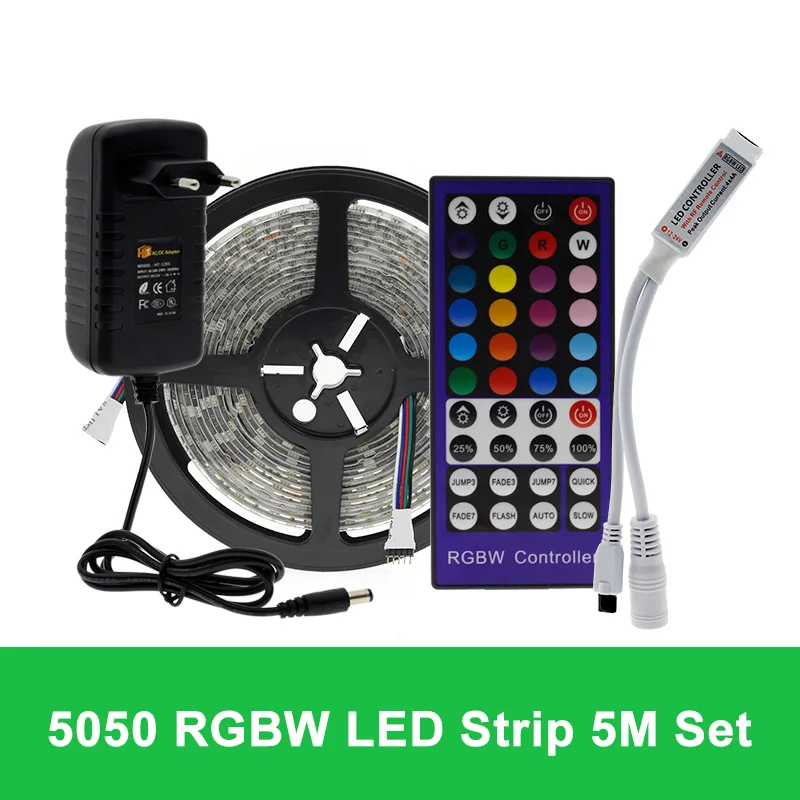Цветная(RGB) Светодиодные ленты набор 5M 2835 5050 RGBW/RGBWW Светодиодные ленты светильник+ ИК-пульт дистанционного управления+ DC12V Мощность адаптер светодиодный гибкая неоновая лента - Испускаемый цвет: 5050 RGBW 5m Set