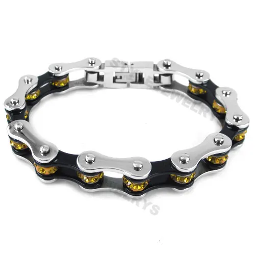 

Wholesale Bling Motorcycle Yellow Crystal Bracelet Stainless Steel Jewelry Black Bicycle Chain Motor Biker Men Bracelet SJB0156