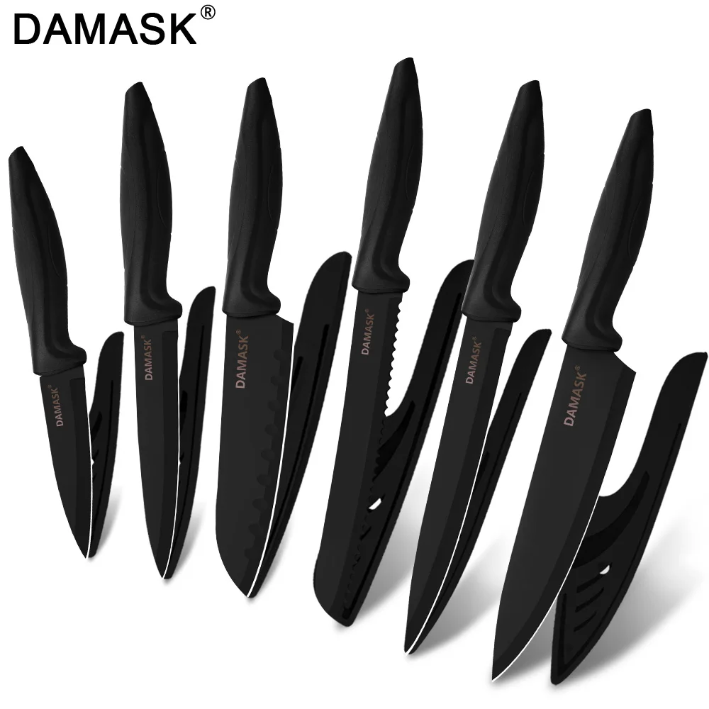 Набор ножей DAMASK утилита немецкий нож шеф-повара черные стальные кухонные ножи нарезка овощей хлеба нож с крышками кухонные инструменты