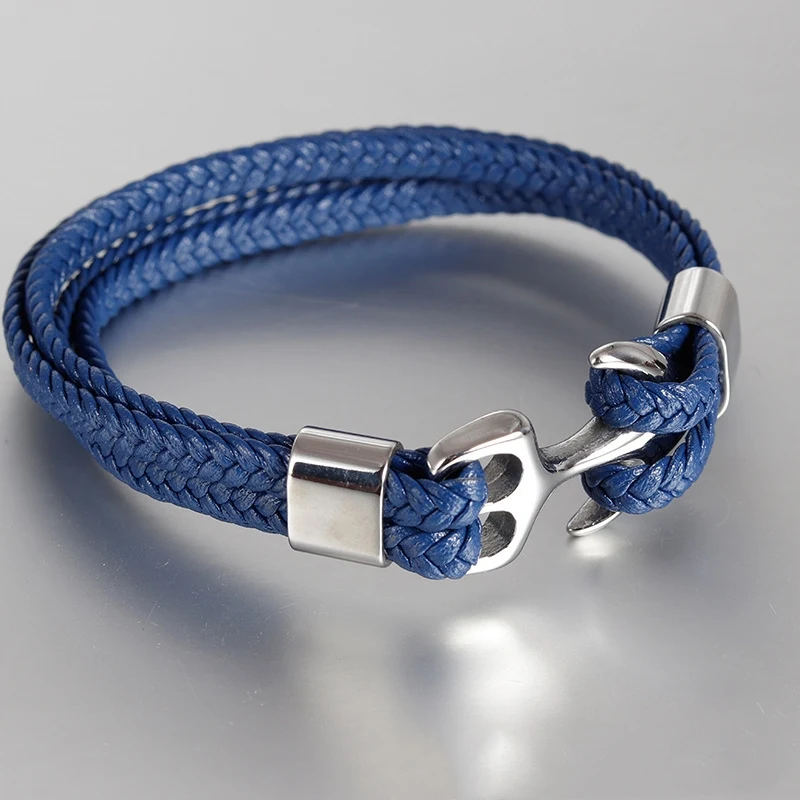 Silver-Blue Трендовый кожаный браслет, мужские ювелирные изделия, синяя кожа, золото, нержавеющая сталь, якорь, плетеная веревка, Морской стиль, браслет дружбы, подарок - Окраска металла: Silver-Blue