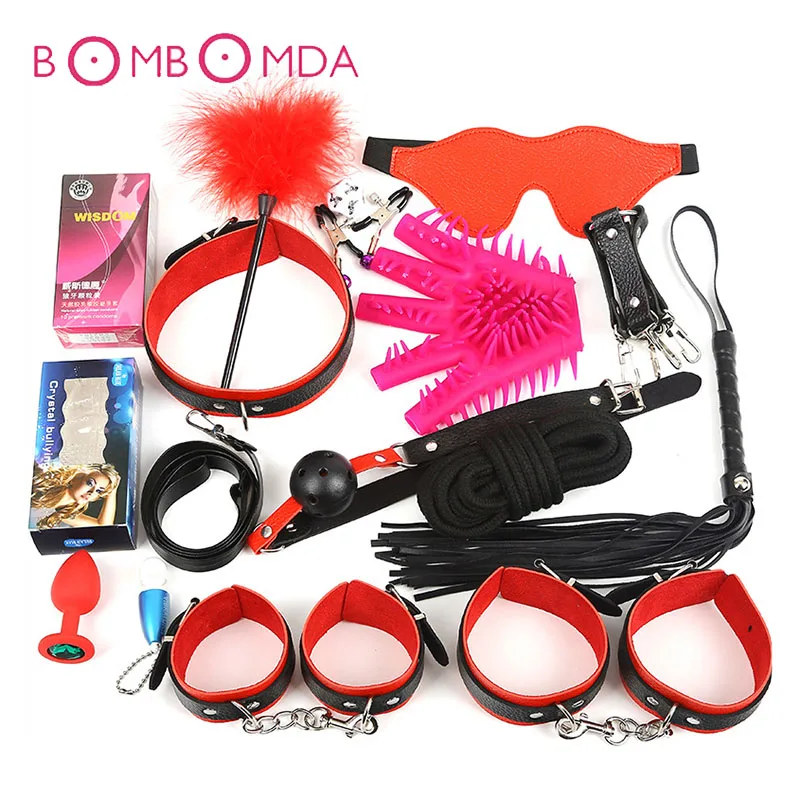 

16Pcs Sex Flirting Leather BDSM Kit Adult Games Mini AV Vibrator Sex Bondage Set Handcuffs Whip Rope Anal Plug Erotic Sex Toys