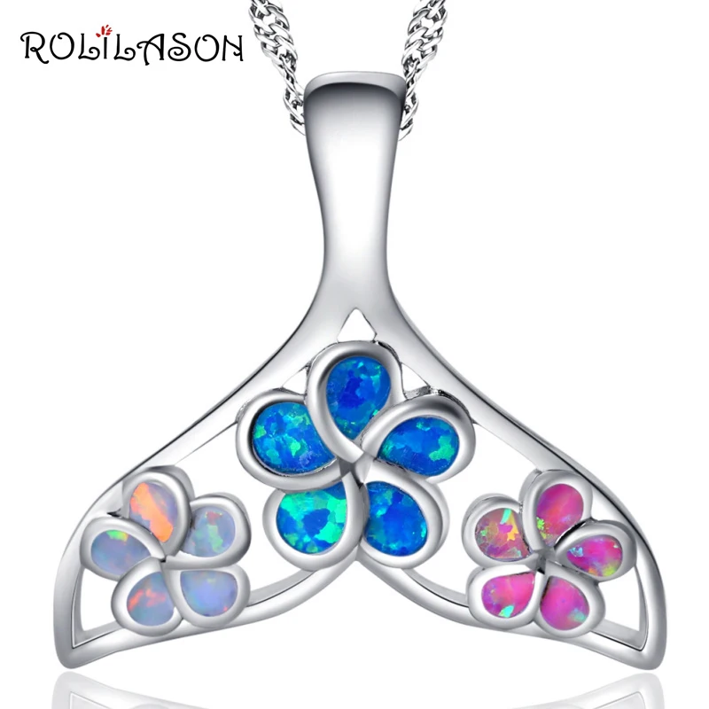 

ROLILASON Fish tail Color Fire Opal Silver Stamped 925 flower Necklace Pendants for girlfriend party gift OP754