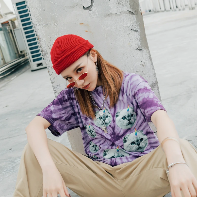 Кошка с принтом пейсли Tie Dye футболки Для женщин Круглый шеи хип хоп футболка