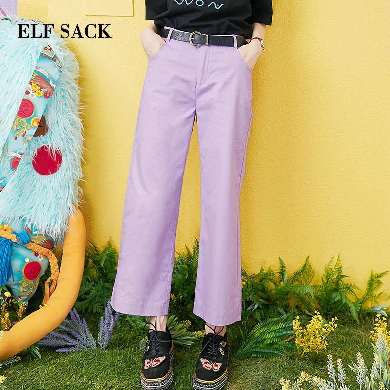 ELFSACK, летние брюки, одноцветные, средняя талия, большие размеры, женские брюки, обтягивающие, уличная одежда, длина по щиколотку, женские широкие брюки