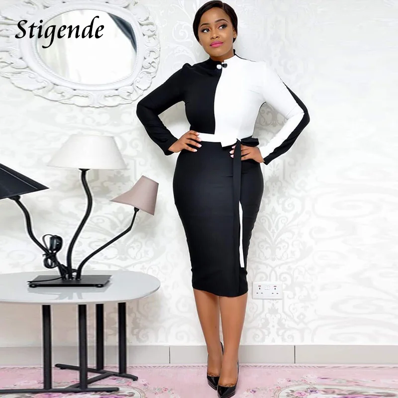 Stigende Women Slim Long Sleeve Patchwork Midi Dress Casual Bandage Bodycon Pencil Autumn Sexy Party Night Club | Женская одежда