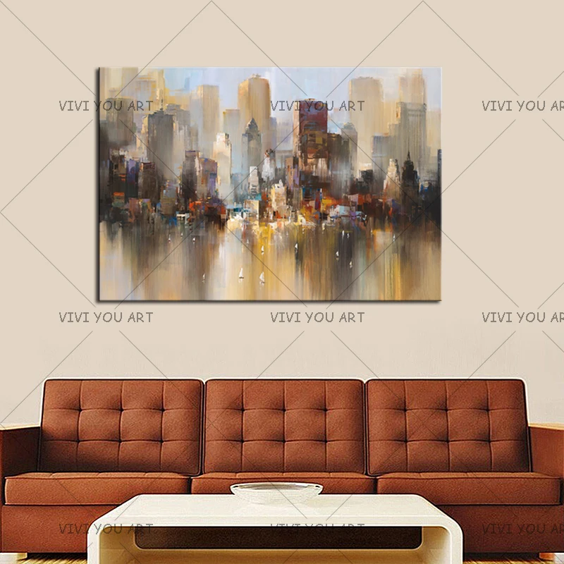 Skyline art 100% ручная работа картина маслом пейзаж Нью Йорк горизонт абстрактная на