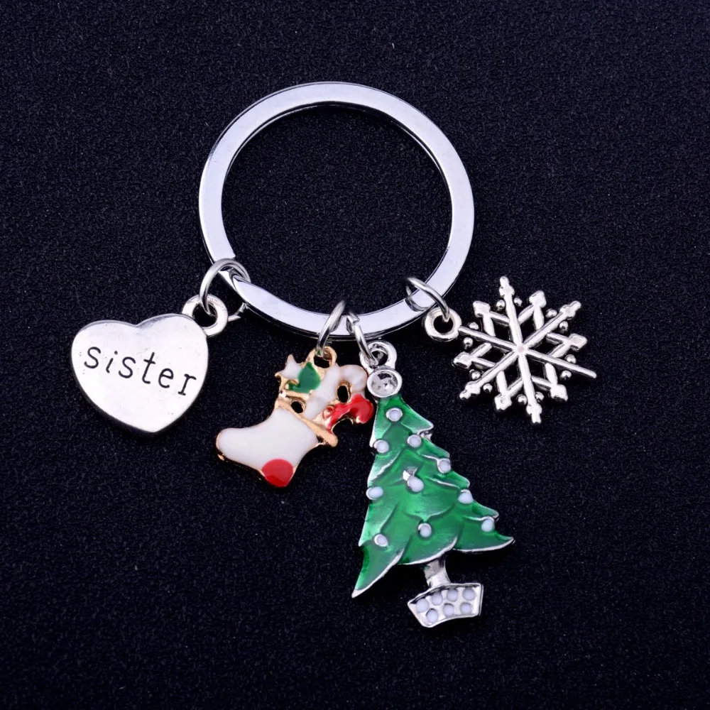 

12PC/Lot Christmas Tree Snowflake Heart Keychain Family Love Sis Sister Keyring Jewelry Women Girls Key Chains Party Xmas Gifts