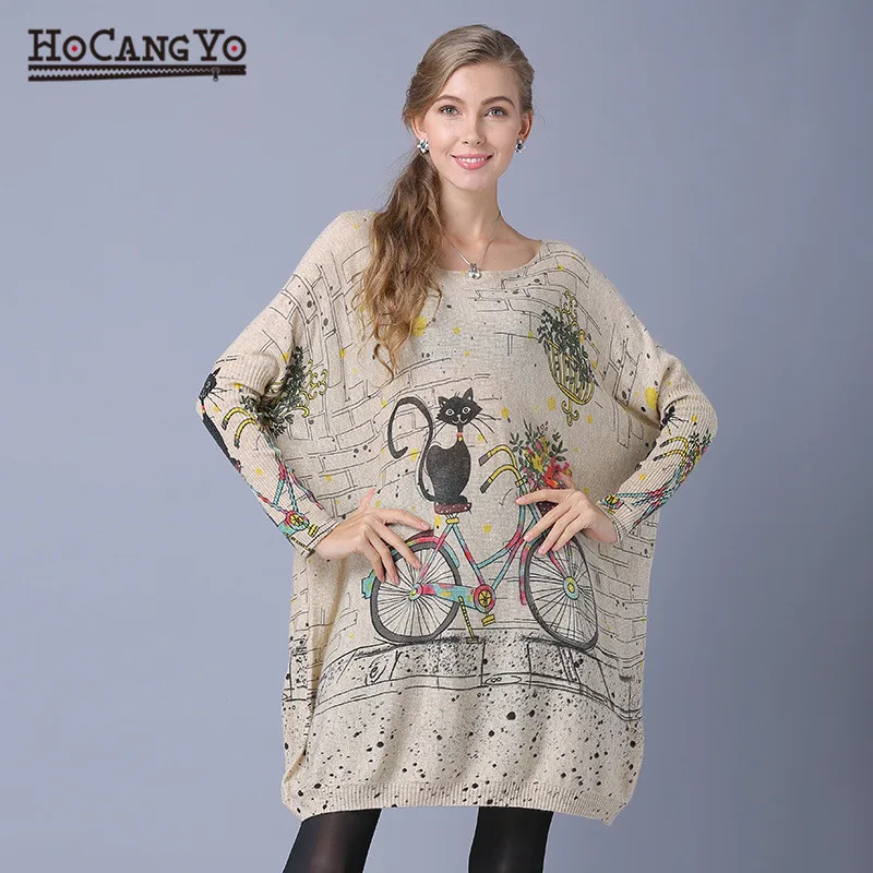 Женский Повседневный свитер пальто с рукавом летучая мышь свитера принтом