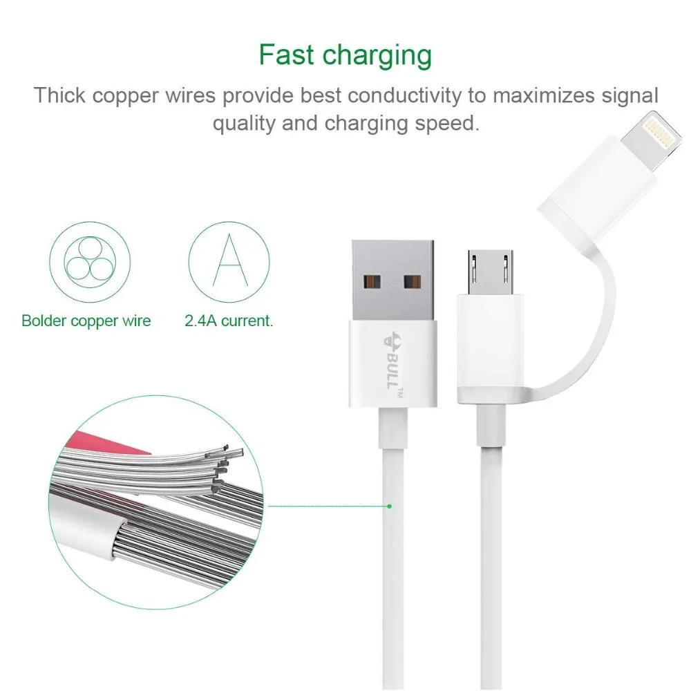 BULL 2 в 1 Android IOS Micro USB кабель 8 Pin 3C MFi Сертифицированный двойной разъем синхронизации