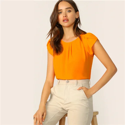 Neon Orange Sheinside, элегантный, с замочной скважиной, с рукавом-лепестком сзади, однотонный топ для женщин, новинка, летняя, с рукавом-крылышком, блузки для девушек, Повседневный, минималистичный Топ - Цвет: Neon Orange
