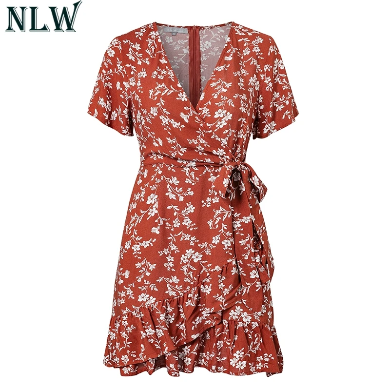 NLW Boho красное летнее платье с рюшами v-образный вырез баска сексуальное 2018 женское