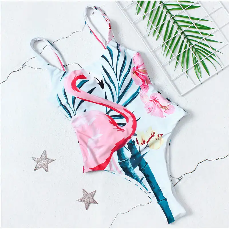 Simplee bikini купальник принт фламинго Sexy bikini купальник принт фламинго купальный костюм купальник цельный 2019новынка - Цвет: 2