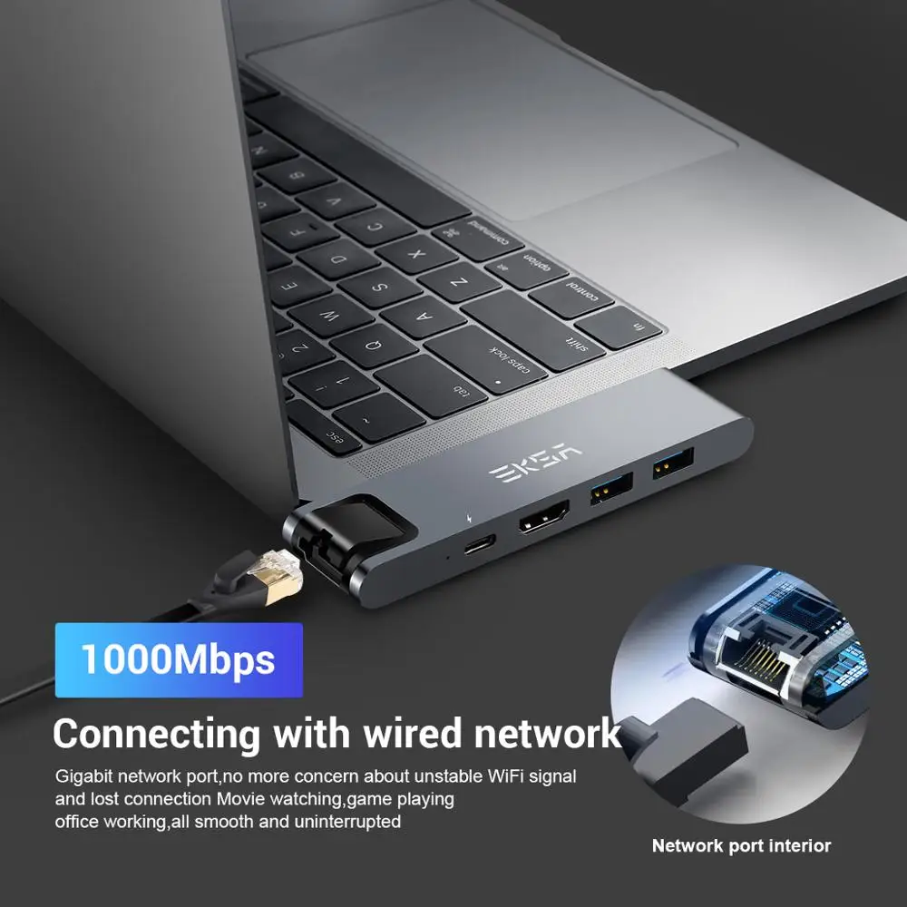 EKSA 7 в 1 USB C концентратор с кардридером HDMI 4K двойной 3 0 Порт Thunderbolt RJ45 1000M адаптер для