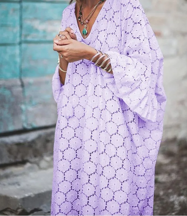 Модное кружевное летнее пляжное платье в богемном стиле однотонные женские