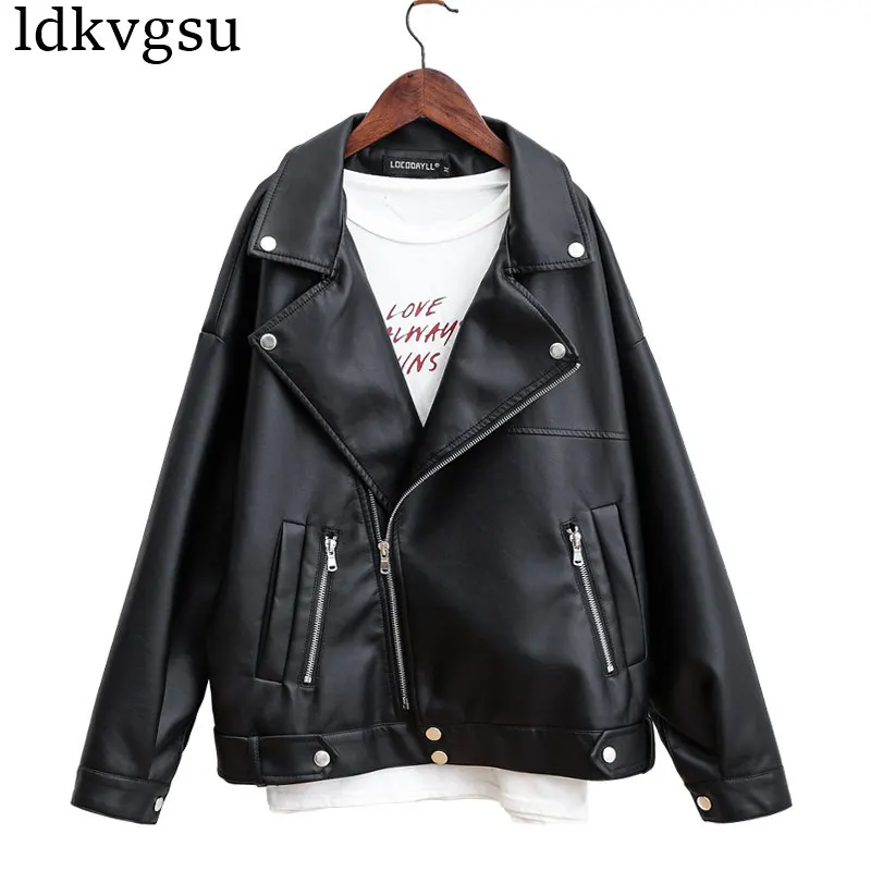 

2022 New Spring Autumn Faux PU Leather Jackets Women Clothes Korean Motorcycle Leather Jacket Coat Casual Large Size Black A1221