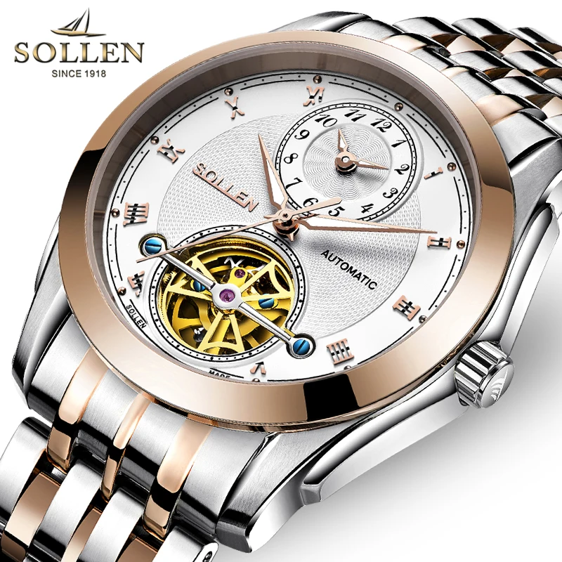 SOLLEN Skeleton Tourbillon механические часы для мужчин модные розовые золотые полностью