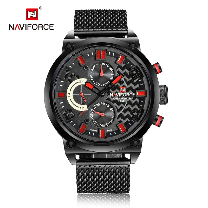 Red NAVIFORCE люксовый брендовый мужской 3ATM водонепроницаемые часы Мужские Аналоговые кварцевые часы 24 часа дата часы мужские спортивные часы полностью Стальные наручные часы - Цвет: Red