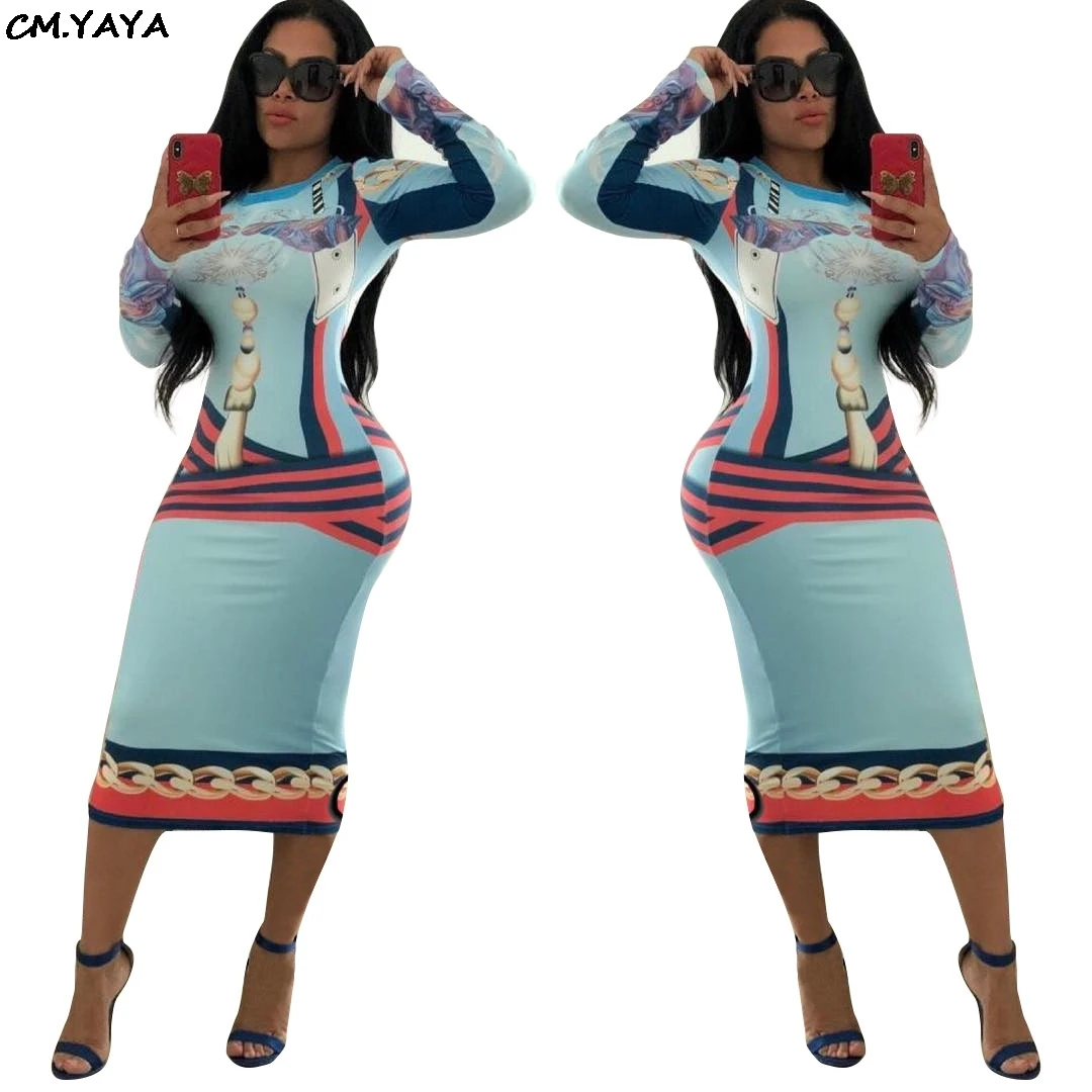 women sexy bodycon bandage knee length high waist long sleeve striped paisley print o-neck midi dress black white color 2357-3 | Женская