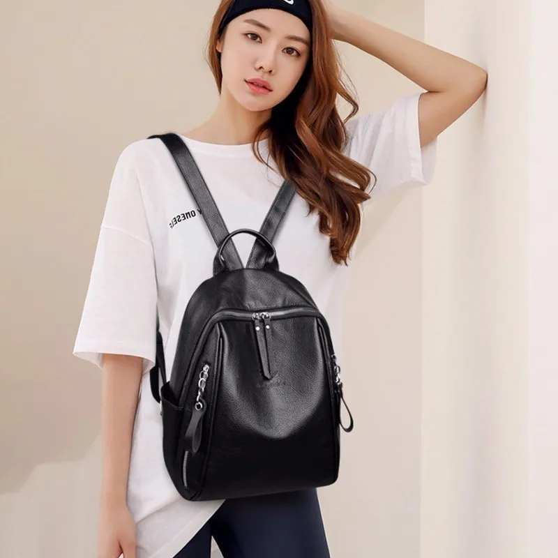Женские кожаные рюкзаки, черный Mochilas, женский рюкзак, винтажный рюкзак, школьный рюкзак, одноцветные женские рюкзаки известного бренда для девочек
