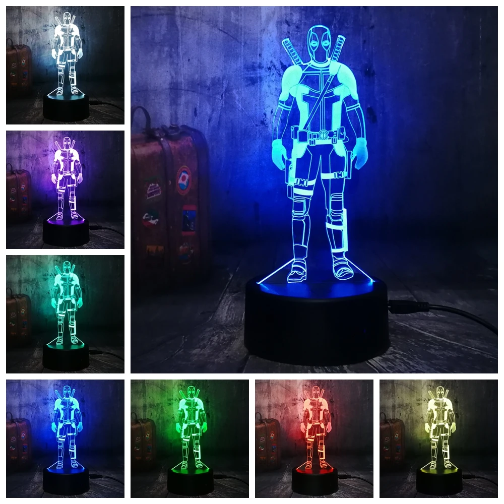 Настольная лампа Marvel Deadpool Cool Hero 7 цветов меняющая цвет 3D RGB светодиодный ночник USB