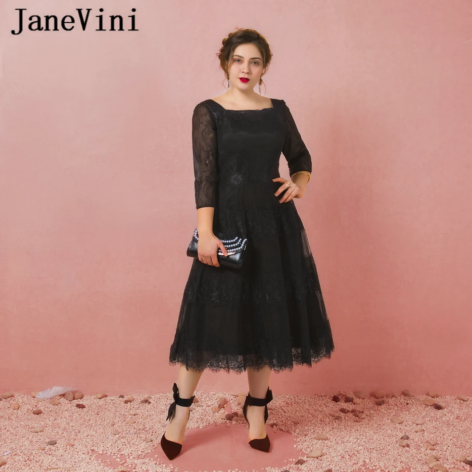 JaneVini Vestidos Plus Size Mother Of The Bride Dresses A Line Black Lace Tea-Length Vintage Long Evening Gowns For Wedding 2018 | Свадьбы и