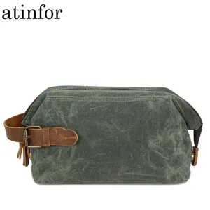 Водонепроницаемая сумка для макияжа из вощеной холщовой и натуральной кожи, дорожный винтажный саквояж для косметики, дорожный клатч
