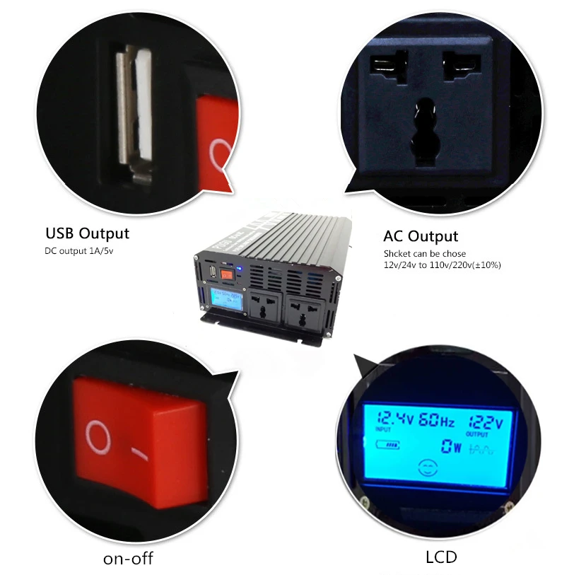 Автомобильный инвертор 1000 Вт пик 2000 Чистая Синусоидальная волна 12 В/24 В/48 В до 100