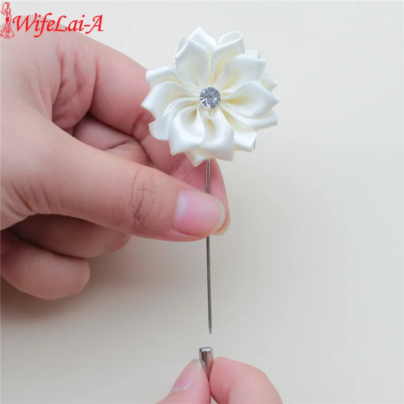 

10 Colors Satin Rose Groom Corsage Pin Crystal Boutonniere Flowers Wedding Corsage Pin Brooch for Groom Wedding Party X1388