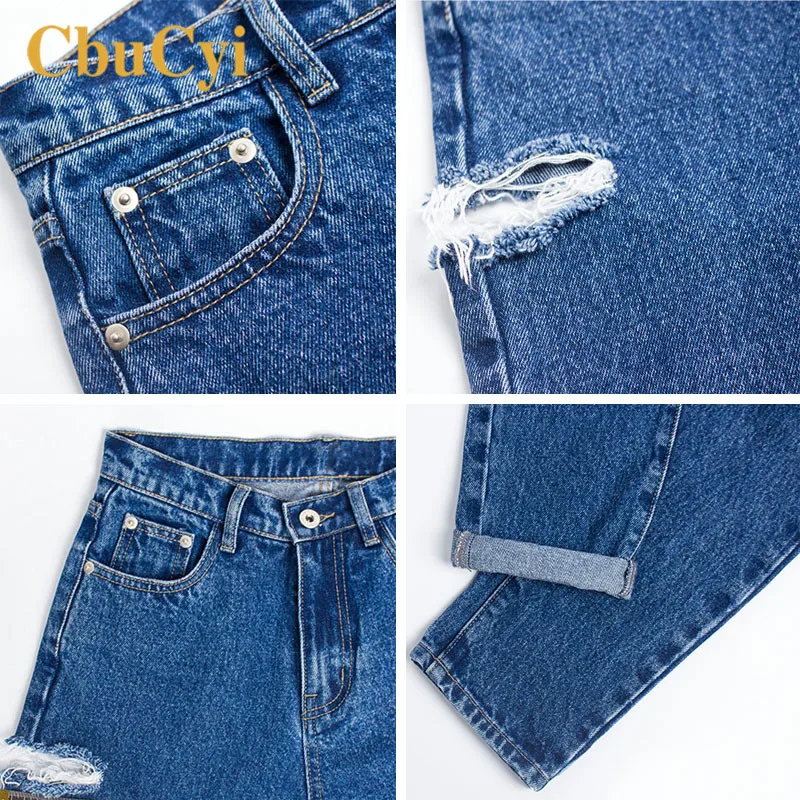 Джинсы женские с завышенной талией модные брюки из денима дырками в стиле