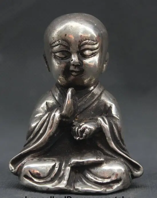 8 см Тибетский буддизм серебряное сиденье молитва маленький монах верующий