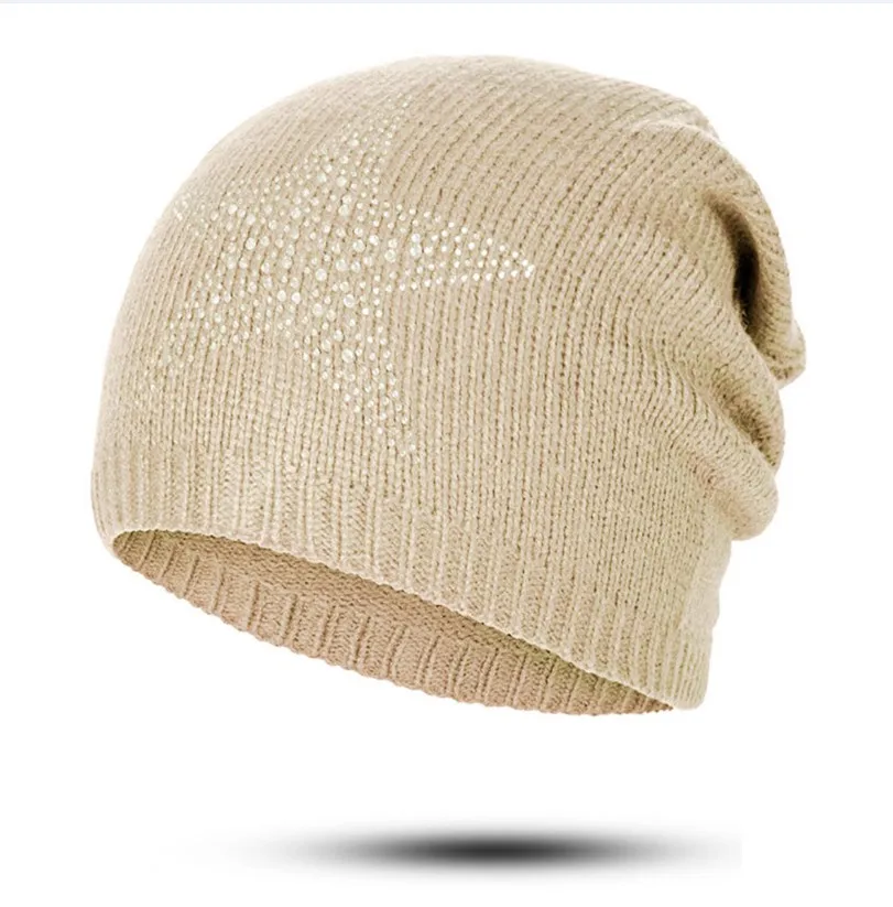 CANCHANGE новая зимняя шапка Для женщин Мягкий Вязание головные уборы Skullies Beanies однотонные теплые CottonFemale модные стразы Кепки Шапка-бини - Цвет: L