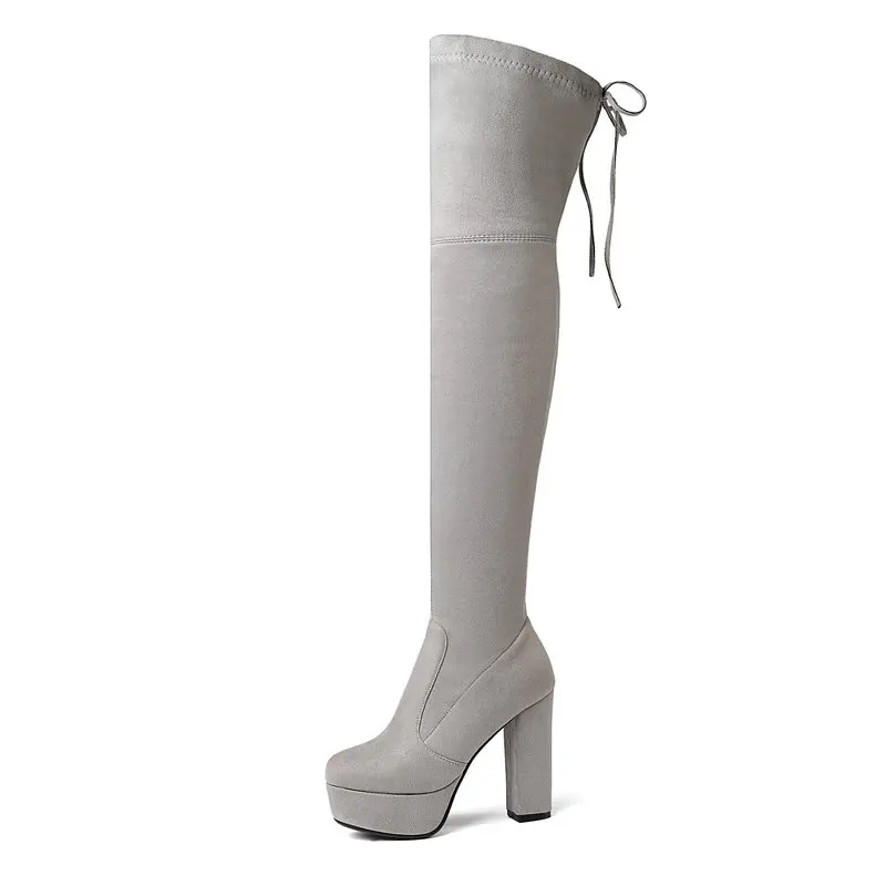 light gray Platform Block Heel Stretch Boots Woman Fashion High Heel Suede Leather Over the Knee Boots Ladies High Heel Thigh Long Boots - Цвет: light gray