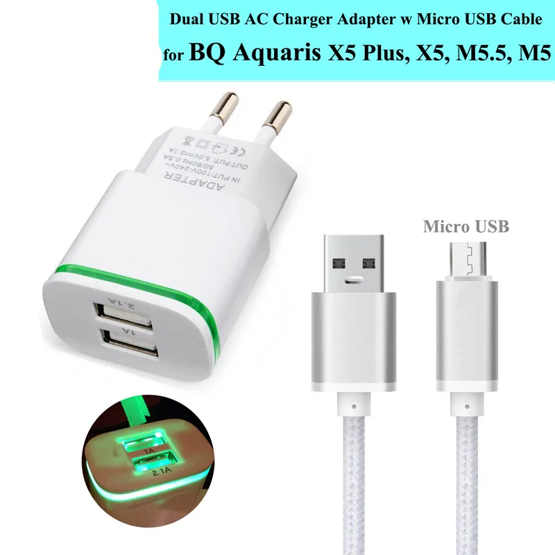 Сетевое зарядное устройство с двумя USB портами и кабелем Micro для BQ Aquaris X5 Plus M5.5 M5|plug