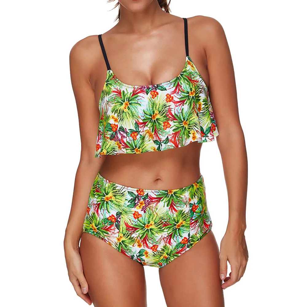 

Ruffle Swimwear Women 2020 High Waist Bikini Set Plus Size Printed Floral Swimsuit Leaves Bathing Suit
