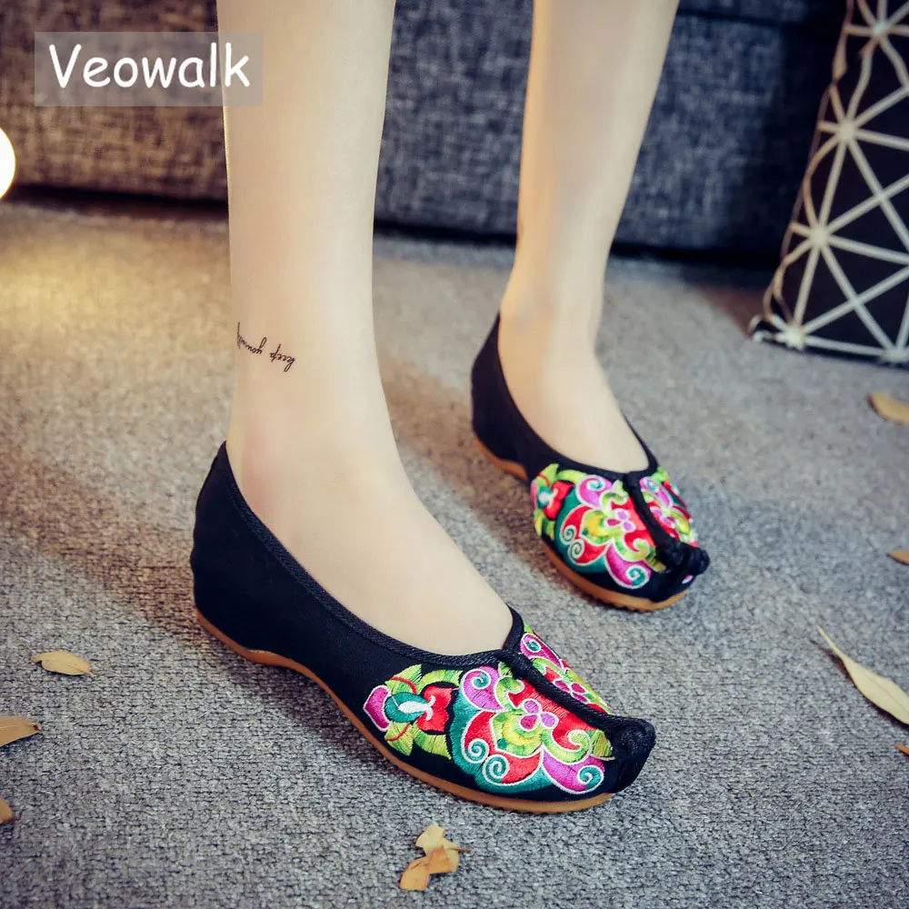 Veowalk/женские туфли на плоской подошве ручной работы; Китайская традиционная обувь с вышивкой в стиле оперы; повседневная обувь из воздухопроницаемой ткани на мягкой подошве в стиле «Старый Пекин»