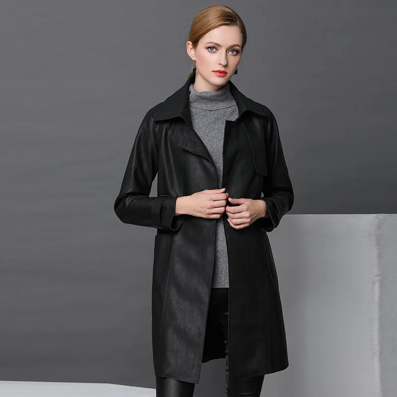 Women Fashion Autumn Winte PU Leather 2018 Black Full Sleeve Turn-down Collar Vintage Office Long Coat Work Ladies Outwear Coats