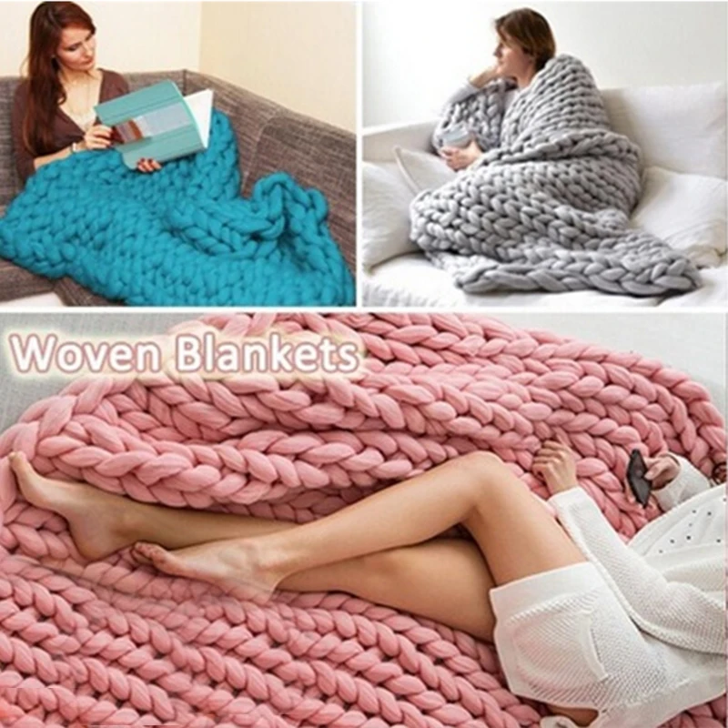 

Hand Chunky Knitted Blanket Thick Yarn Merino Wool Bulky Knitting Throw Blankets Nordic Chunky Blanket DropShipping