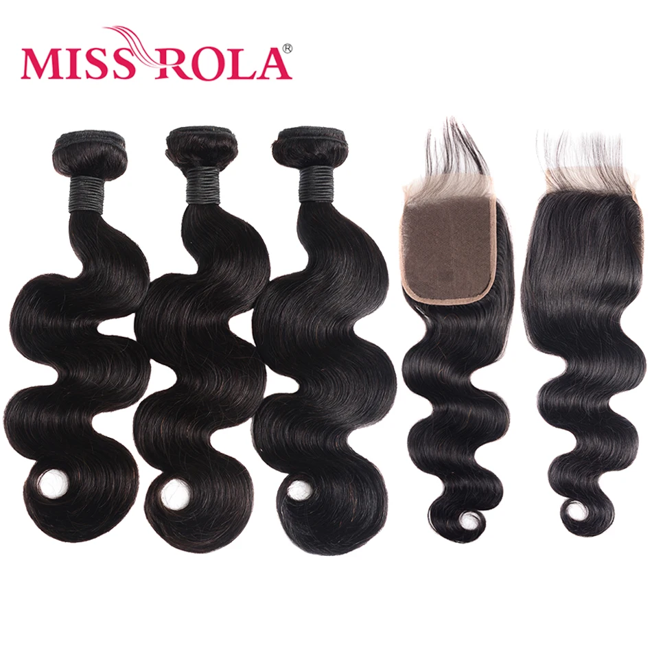 Miss Rola Hair Body Wave Peruvian Hair Bundles with Closure 100% Human Hair Natural Color Remy Hair Extensions 8-26 Inch