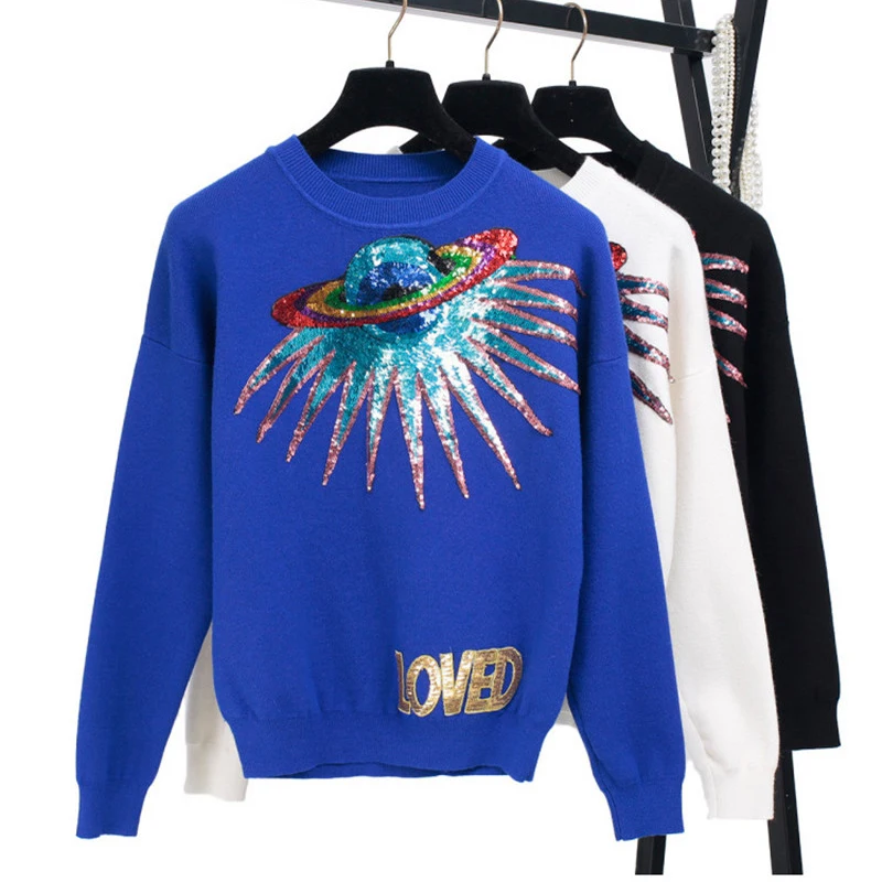 Autumn Winter Knitted Sweater Brand Women Planet Sequins Letter Embroidery Pullovers Female Casual Jumper Tops Pull Femme 2019 | Женская