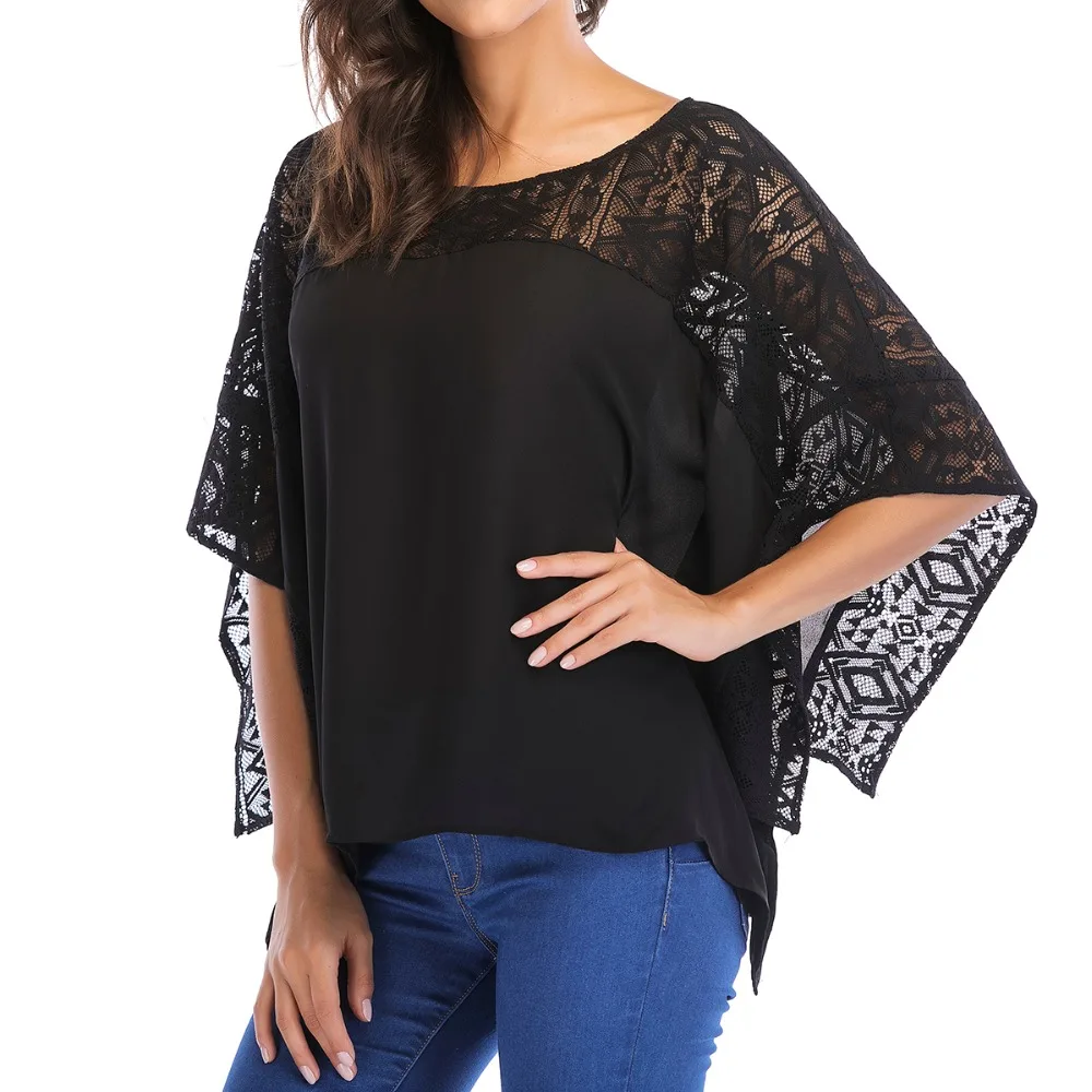 Летние шифоновые Для женщин рубашка блузка Мода Batwing рукавом Круглый шеи кружева